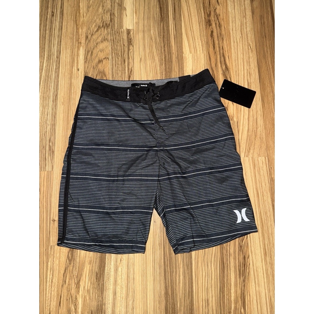 Hurley NEW Boys Sz 10 25 Black Striped Logo Shoreline Swim Trunks Board Shorts‎